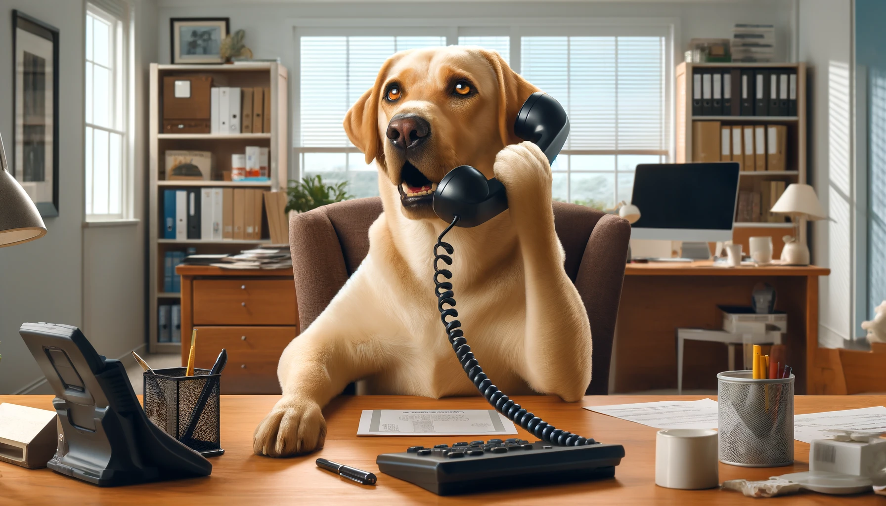 Hund sitzt im Büro und Telefoniert